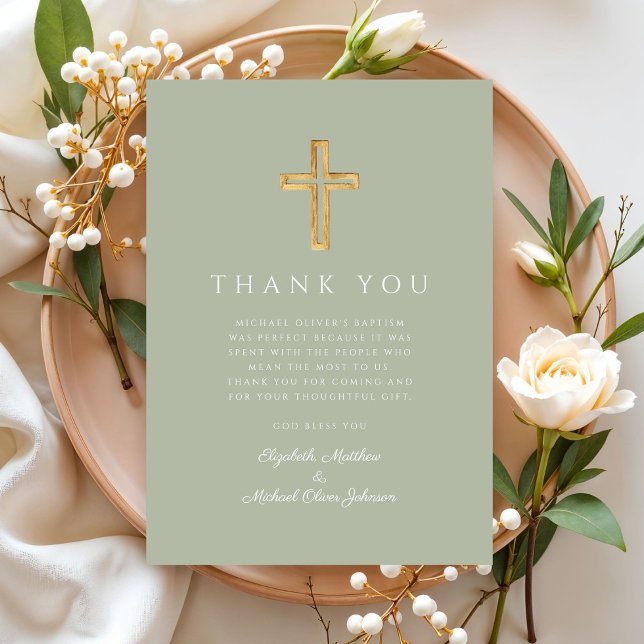 Carte De Remerciements Croix verte moderne Sage Baptême (Modern Sage Green Cross Baptism Thank You Card)