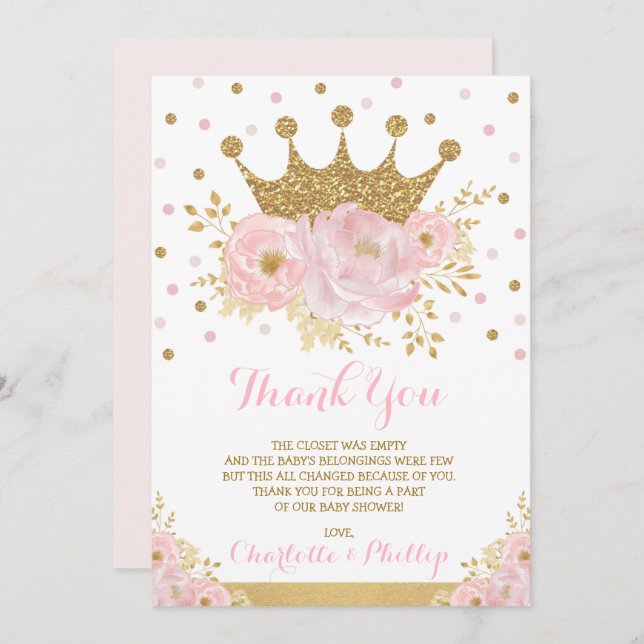 Carte De Remerciements Crown Princess Baby shower Royal Blush Gold Floral (Devant / Derrière)