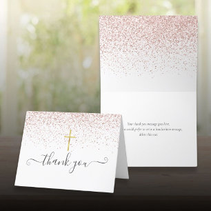 Carte De Remerciements Crucifix en or avec paillettes de rose en écriture