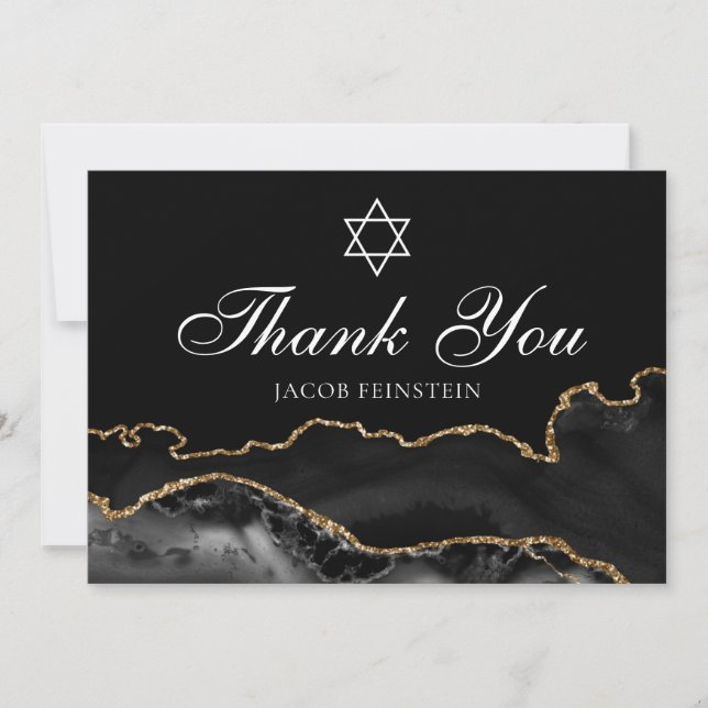 Carte De Remerciements Custom Bar Mitzvah Black Gold Star de David Juif (Devant)