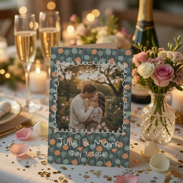 Carte De Remerciements Custom Floral Doodle Photo Engagement Thank You  (Créateur téléchargé)