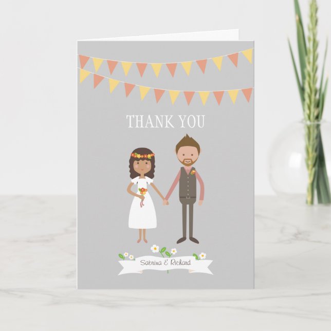 Carte De Remerciements Custom Illustrated Cartoon Couple Portrait Wedding (Devant)