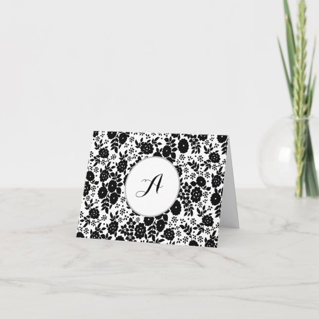 Carte De Remerciements Custom Monogram Flower Pattern Black and White (Devant)