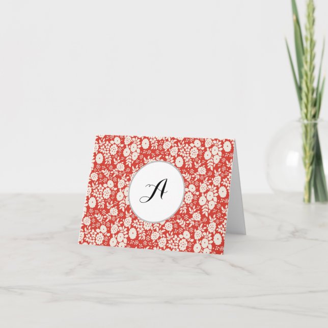 Carte De Remerciements Custom Monogram Flower Pattern Red (Devant)