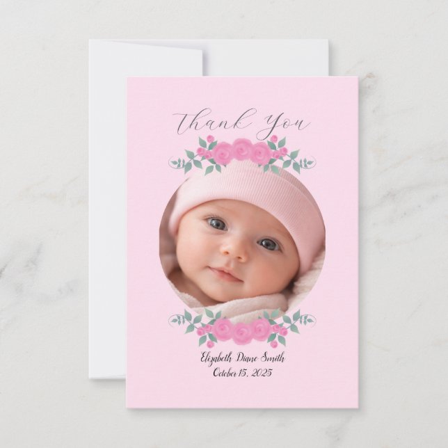 Carte De Remerciements Custom Name Photo, Pink Roses Baby Thank you Card  (Devant)