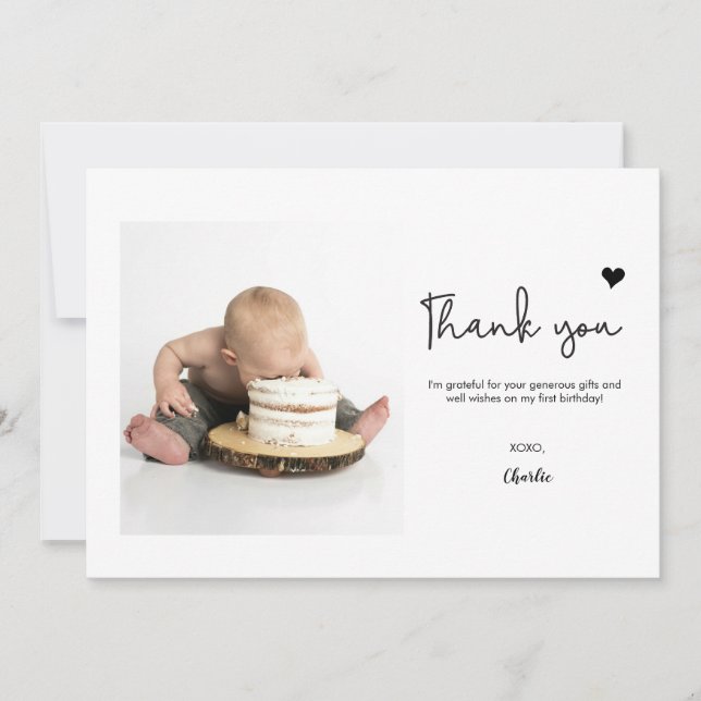 Carte De Remerciements Custom Photo Modern heart First Birthday (Devant)