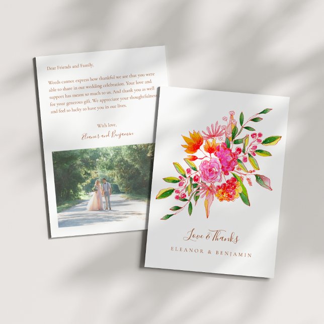 Carte De Remerciements Custom Preprinted Pink Orange Floral Photo Wedding (Créateur téléchargé)
