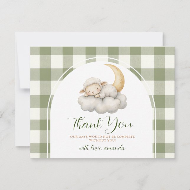 Carte De Remerciements Cute A little lamb baby shower Sage Green Gingham (Devant)