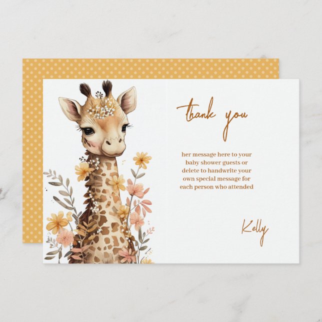 Carte De Remerciements Cute Aquarelle Baby Giraffe Baby shower (Devant / Derrière)