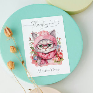 Carte De Remerciements Cute aquarelle Chat Grandma Floral