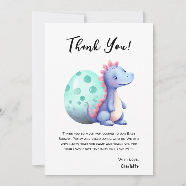 Carte De Remerciements Cute aquarelle Petit Baby shower Dinosaure (Devant)