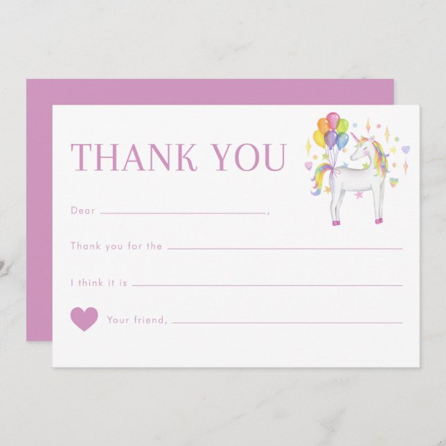 Carte De Remerciements Cute aquarelle Rainbow Unicorn Anniversaire (Devant / Derrière)