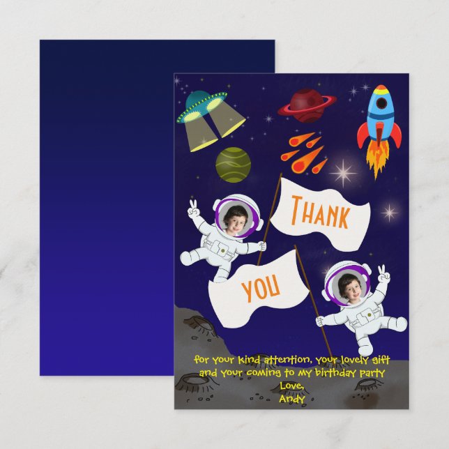 Carte De Remerciements Cute astronaute de l'espace d'anniversaire (Devant / Derrière)