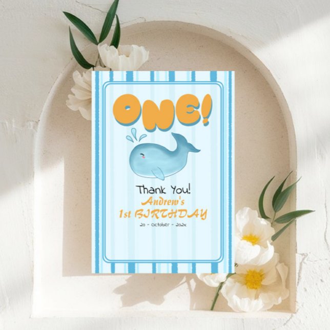 Carte De Remerciements Cute Baby Blue Whale 1st Birthday Stripes (Créateur téléchargé)