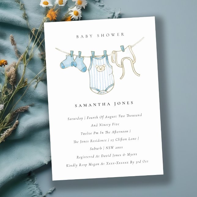 Carte De Remerciements Cute Baby Clothesline Garçon bleu Baby shower Invi (Créateur téléchargé)