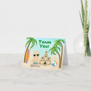 Carte De Remerciements Cute Beach Baby, Sandcastle et Surfboard