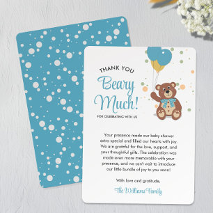 Carte De Remerciements Cute Bear Cub et Blue Balloons Baby shower garçon