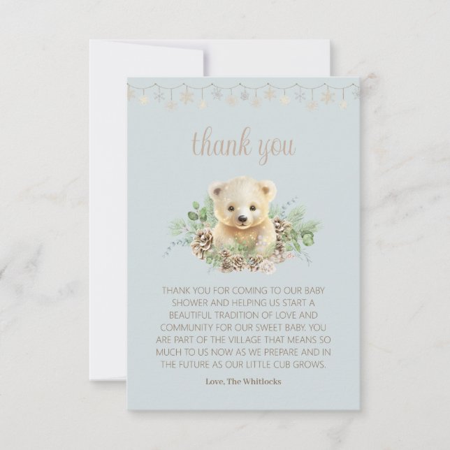 Carte De Remerciements Cute Bear Cub Winter Greenery Blue Boy Baby shower (Devant)