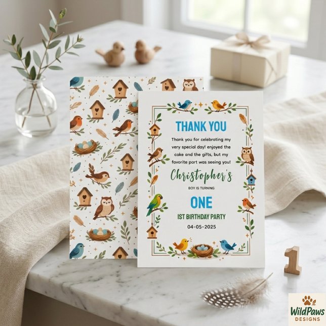 Carte De Remerciements Cute Birds 1st Birthday – Fun Kids Party (Cute Birds 1st Birthday – Fun Kids Party Thank You Card
)