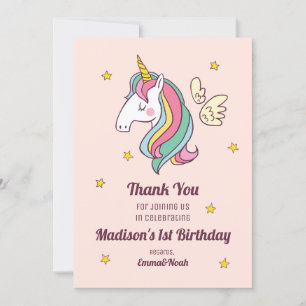 Carte De Remerciements Cute Birthday Doodle Flying Rainbow Unicorn