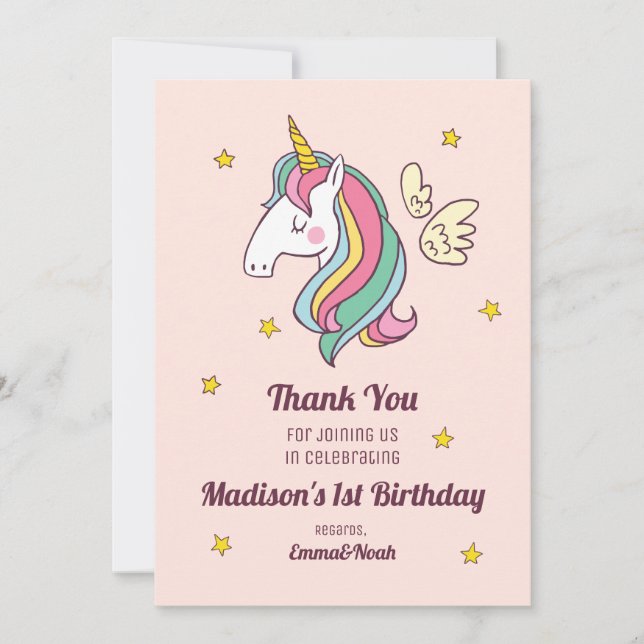 Carte De Remerciements Cute Birthday Doodle Flying Rainbow Unicorn (Devant)