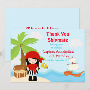 Carte De Remerciements Cute Black Cheveux Pirate Girl Anniversaire Fête