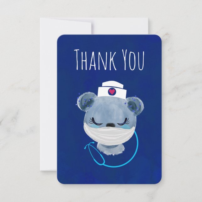 Carte De Remerciements Cute Blue Bear Nurse portant un masque protecteur (Devant)