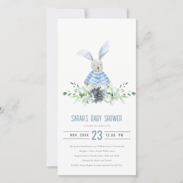 Carte De Remerciements Cute Blue Bunny Jardin Fauna Baby shower Invitatio (Devant)