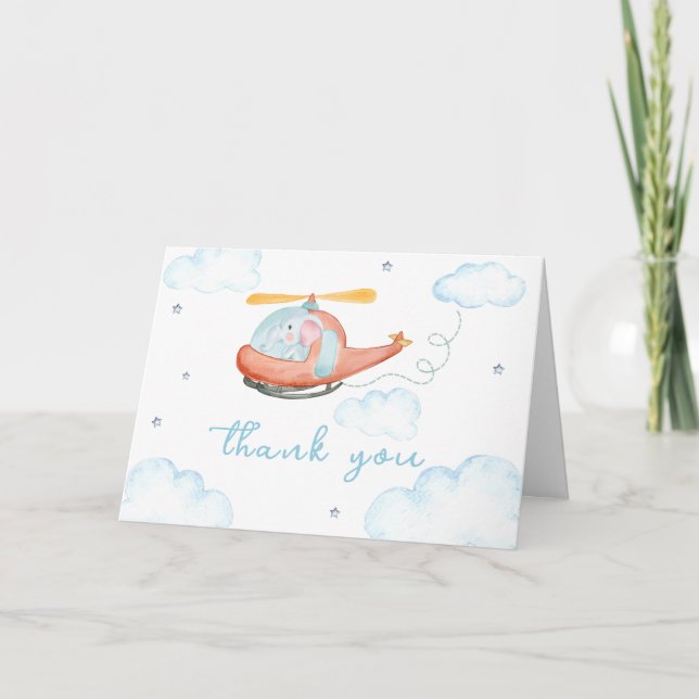 Carte De Remerciements Cute Blue Elephant Helicopter Baby Shower (Devant)