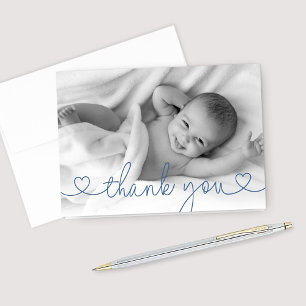 Carte De Remerciements Cute Blue Heart Script Custom Baby Boy Photo