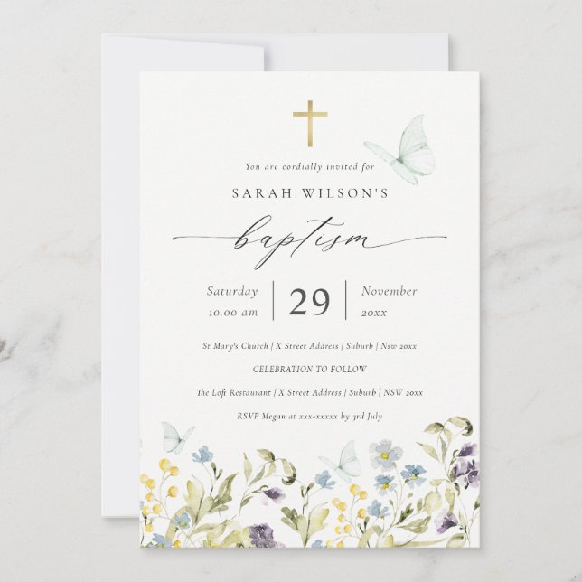 Carte De Remerciements Cute Blue Meadow Floral Butterfly Baptism Invitati (Devant)