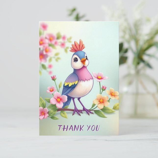 Carte De Remerciements Cute Blue Pink Bird Floral Thank You Card (Debout devant)