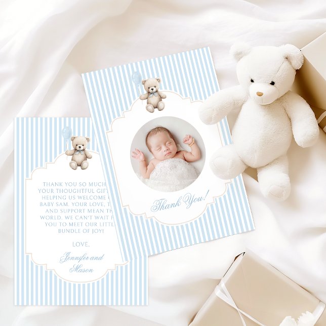Carte De Remerciements Cute Blue Teddy Bear Baby Boy Shower Photo (Créateur téléchargé)