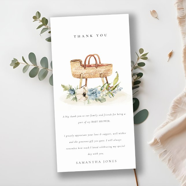 Carte De Remerciements Cute Boho Nursery Blue Floral Bassinet Baby shower (Créateur téléchargé)