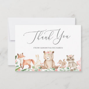 Carte De Remerciements Cute Bois Animaux Rose Floral Girl Baby shower
