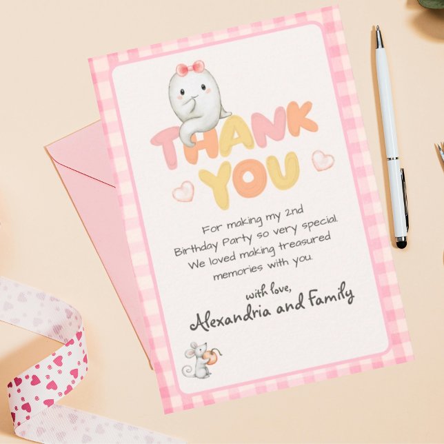Carte De Remerciements Cute Boo Ghost rose Anniversaire Fille (Cute Boo Ghost Thank You Birthday Party.)