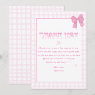 Carte De Remerciements Cute Bow Pastel En vichy Baby shower rose
