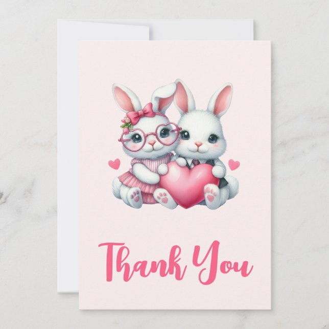 Carte De Remerciements Cute Bunnies Sharing a Heart Party (Devant)