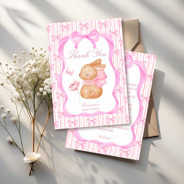 Carte De Remerciements Cute Bunny arc rose frontière filles baby shower (Cute Bunny pink bow border girls baby shower Thank You Cards spring baby shower thank you cards)