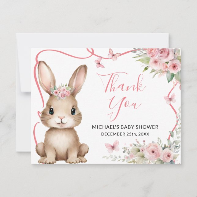 Carte De Remerciements Cute Bunny Baby Shower Girl Pink Floral (Devant)