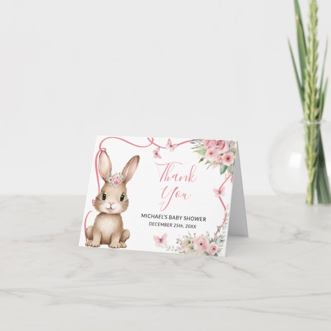 Carte De Remerciements Cute Bunny Baby Shower Girl Pink Floral Folded (Devant)