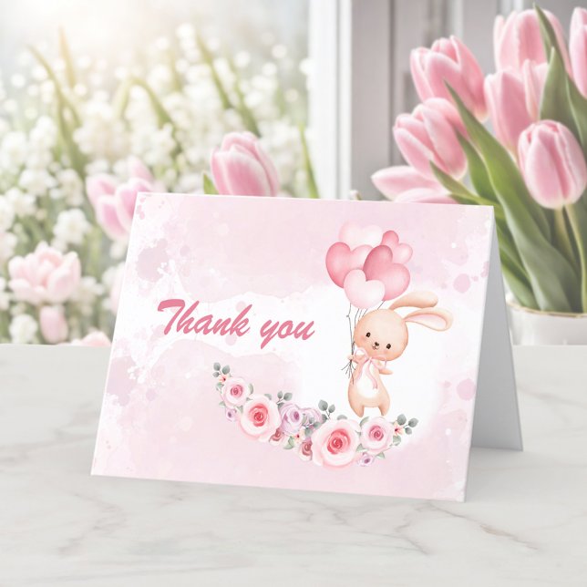 Carte De Remerciements Cute Bunny rose 1er Anniversaire Fille Printemps F (Cute Bunny Pink 1st Birthday Girl Floral Spring Thank You Card)
