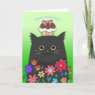 Carte De Remerciements Cute Chat noir coloré avec un Cupcake Anniversaire