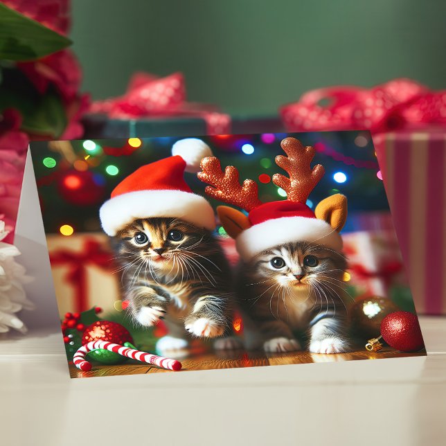 Carte De Remerciements Cute chatons avec le Père Noël et casquettes de re (Créateur téléchargé)