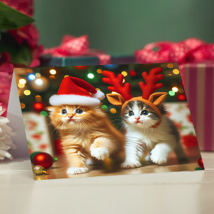 Carte De Remerciements Cute chatons avec le Père Noël et casquettes de re