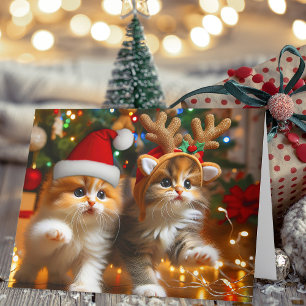 Carte De Remerciements Cute chatons avec le Père Noël et les casquettes d