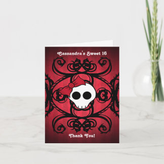 Carte De Remerciements Cute crâne gothique sur rouge et noir doux 16