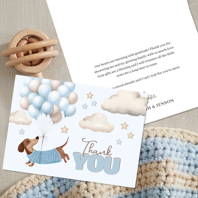 Carte De Remerciements Cute Dachshund and Balloons Boy Baby Shower (Baby Shower Thank You cards. Dachshund and balloons design in blue and beige)