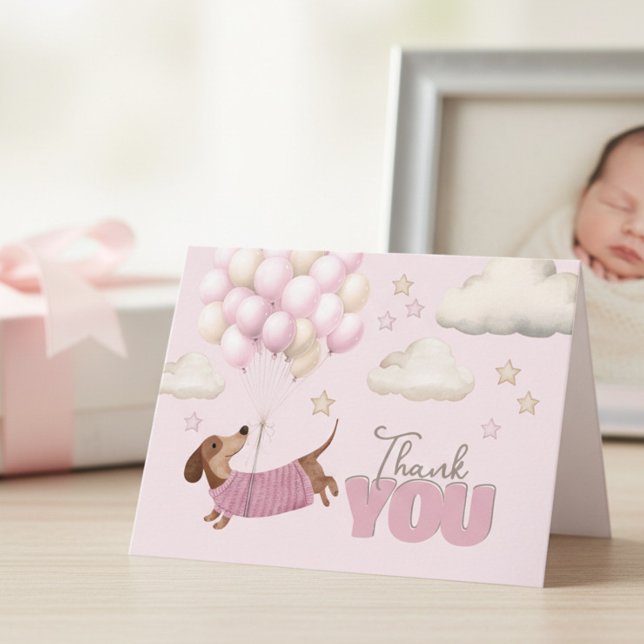 Carte De Remerciements Cute Dachshund and Balloons Girl Baby Shower (Dachshund Teenie Weenie Thank you card - Girl Baby Shower stationery.)