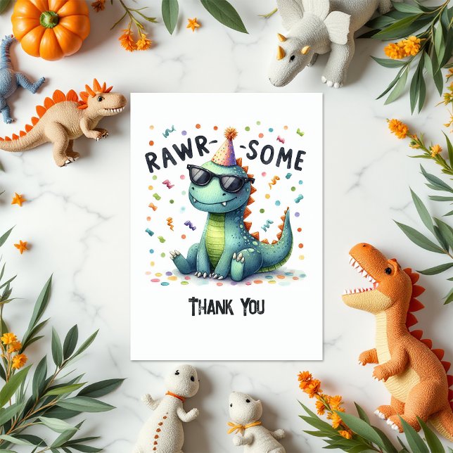 Carte De Remerciements Cute Dinosaur "Rawr-some" Anniversaire de enfant (Cute Dinosaur “Rawr-some” Kids Birthday Thank You Card)